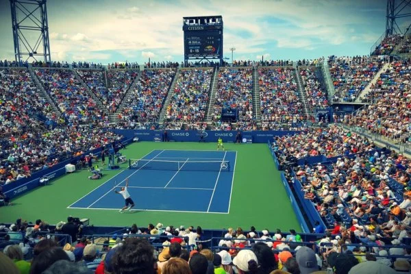 tennis stadium night match crowd